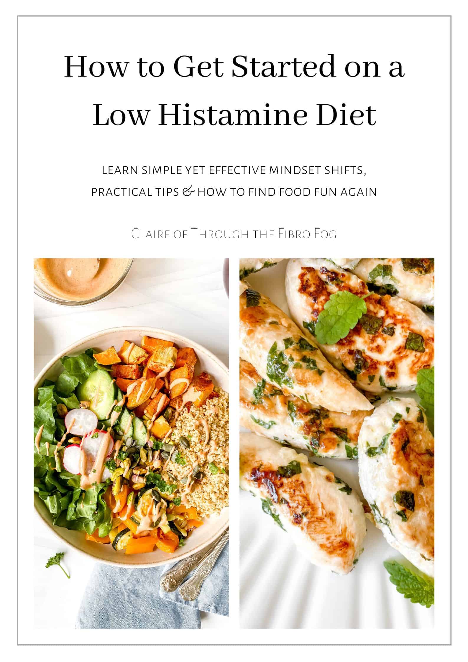 images of a buddha bowl and chicken with text how to get started on a low histamine diet.