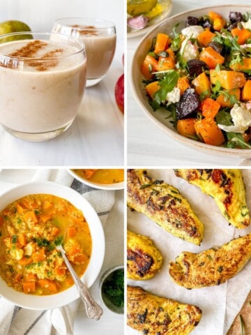 collage of apple smoothie, butternut salad, vegetable soup and rosemary chicken breast.