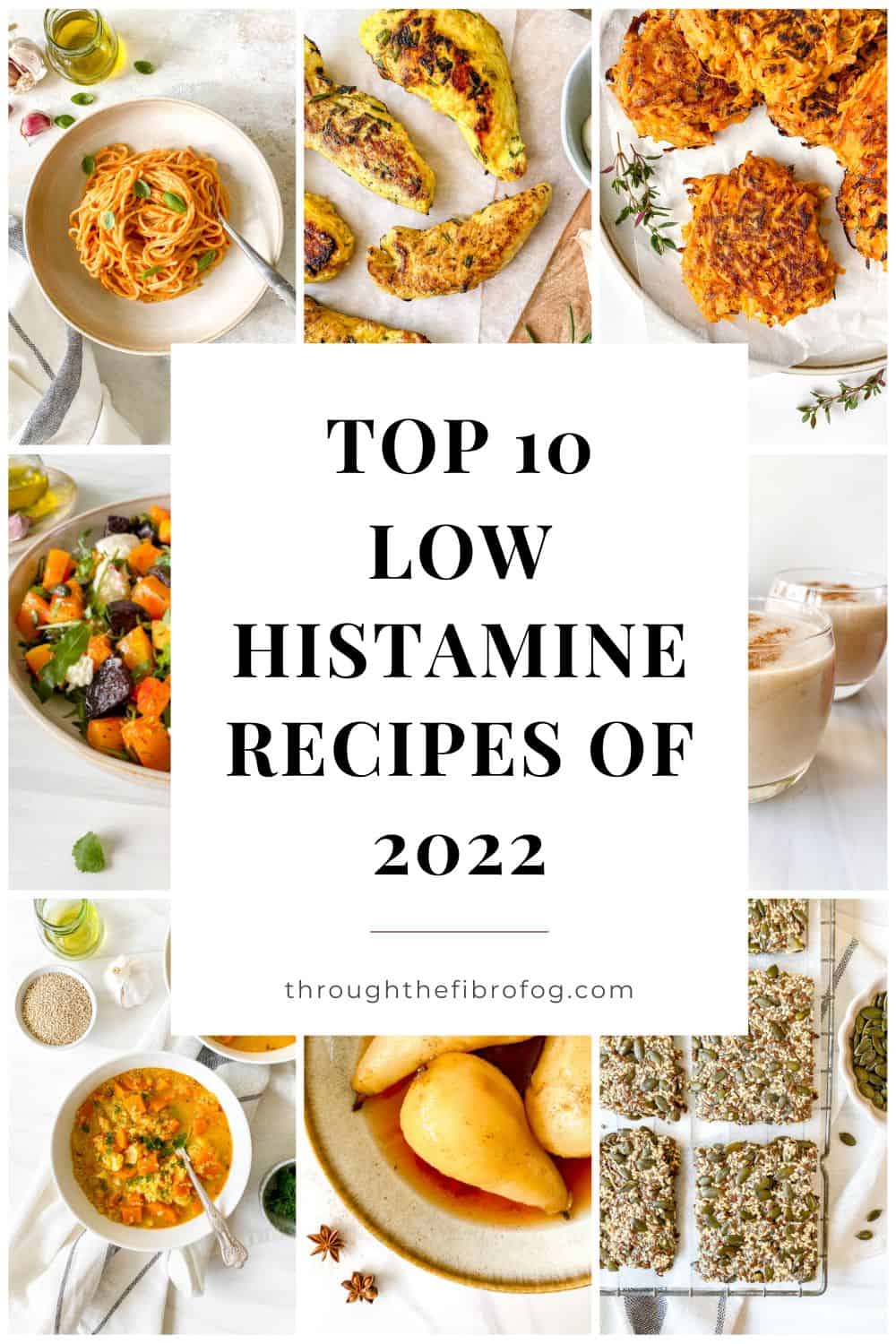 collage of salads, soups, fritters, pears, smoothies and pasta dishes with text top ten low histamine recipes of 2022.