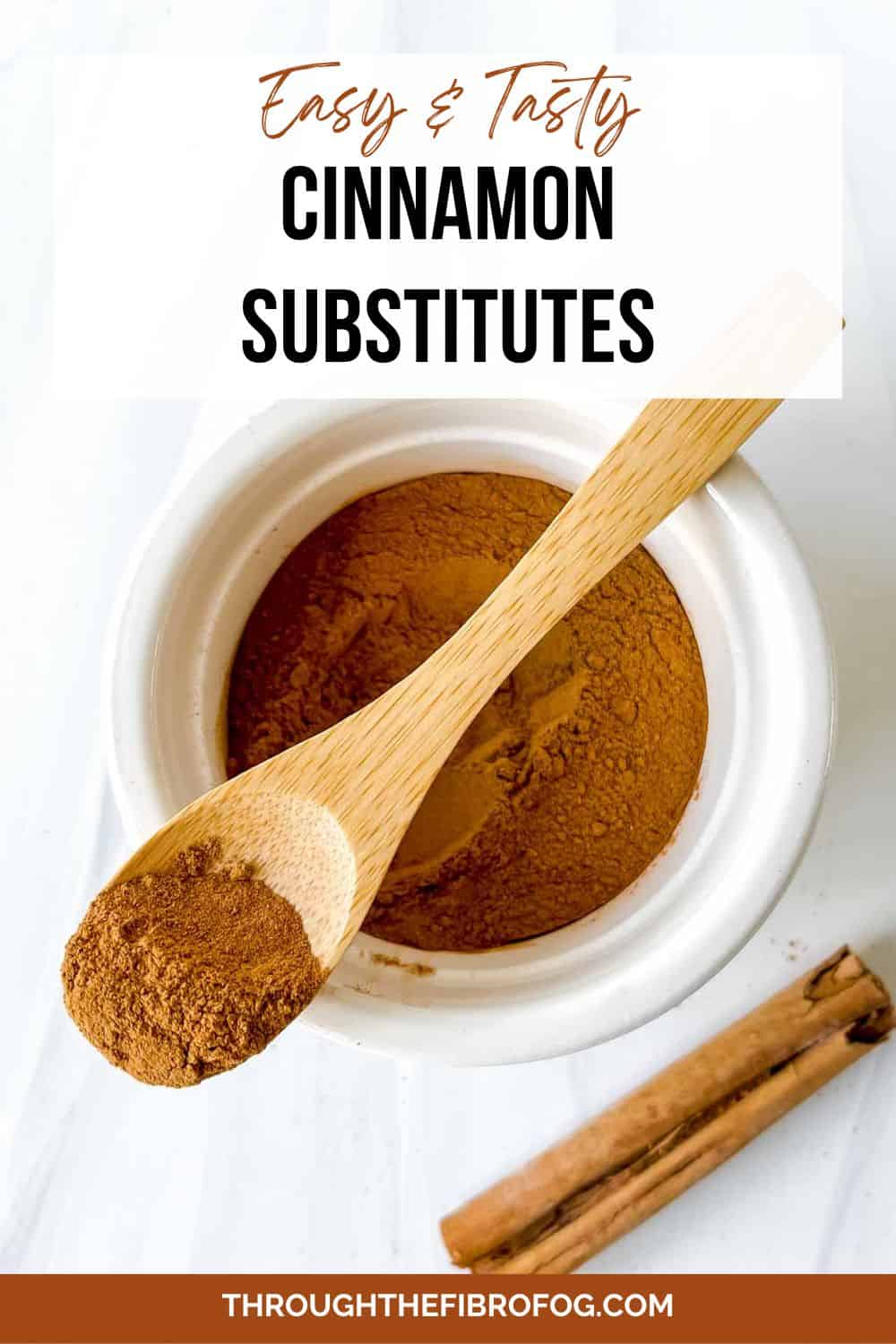 labelled easy and tasty cinnamon substitutes with a white bowl of cinnamon and a wooden spoon of cinnamon on top of it.