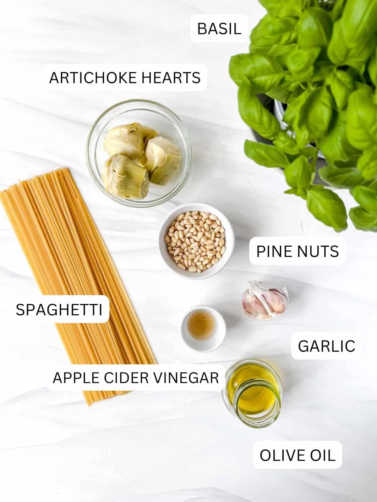 individually labelled basil, spaghetti, artichoke hearts, pine nuts, garlic, olive oil and apple cider vinegar.