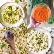 collage of tomato free pasta sauces and tomato free pasta recipes, including nomato sauce and ricotta pasta.