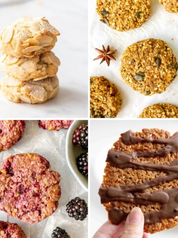 collage of gluten free dairy free cookies including blackberry cookies, pumpkin spice oatmeal cookies and almond cookies.
