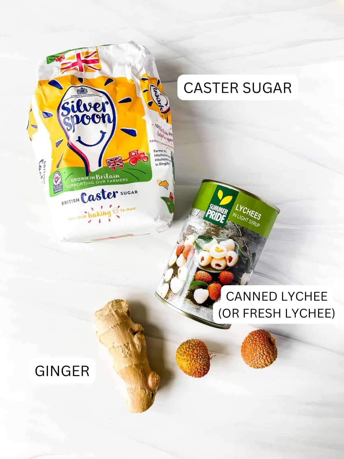 labelled bag of caster sugar, root ginger and canned lychee and fresh lychee.