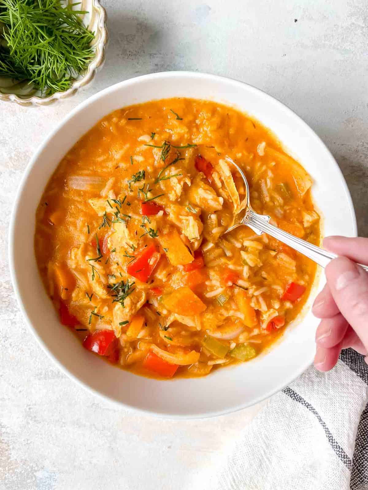 paprika chicken soup in a white bowl with someone stirring the soup with a spoon next to a bowl of dill.