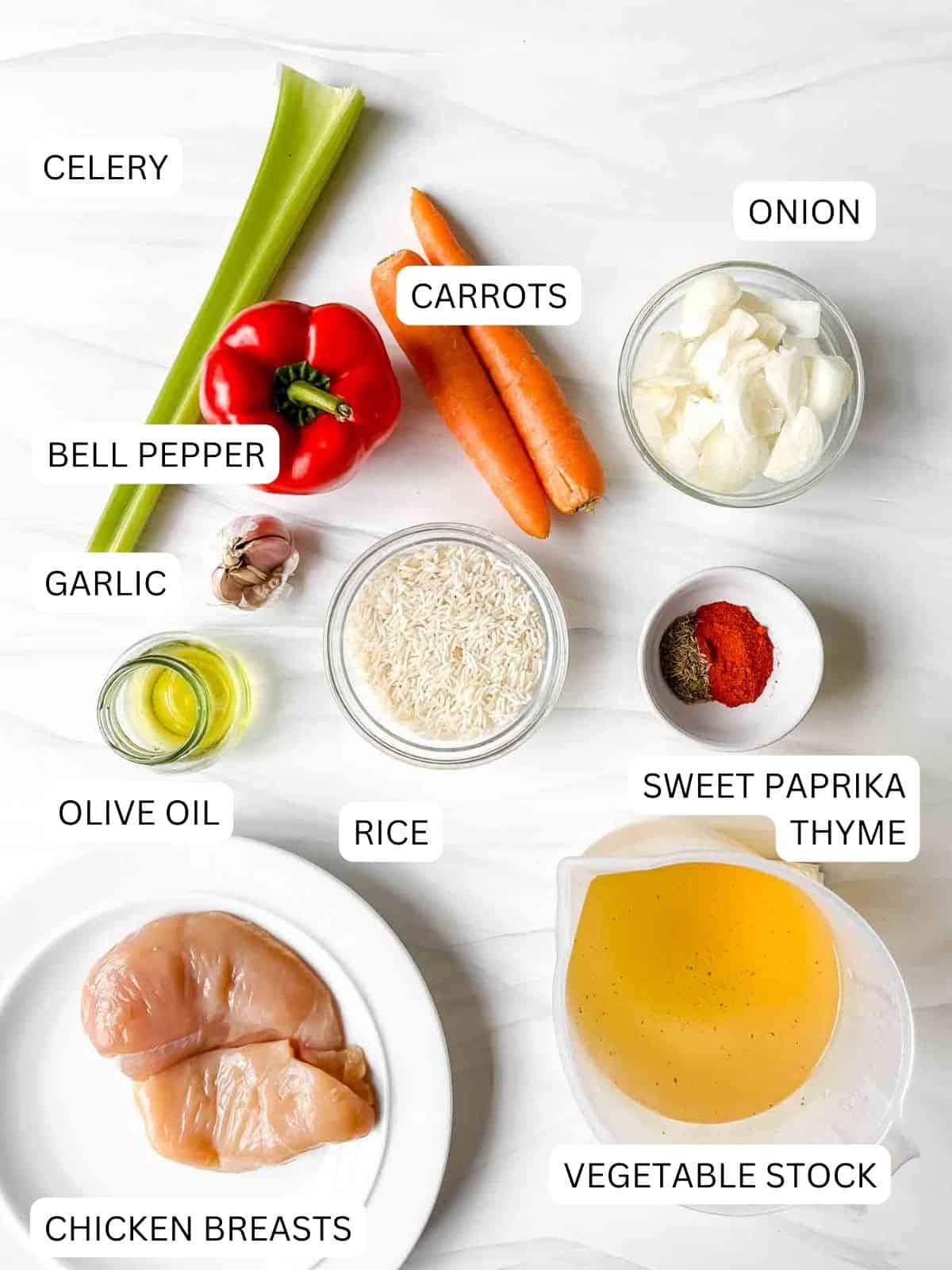 individually labelled ingredients to make paprika chicken soup including sweet paprika, chicken breasts, onion, carrot and rice.