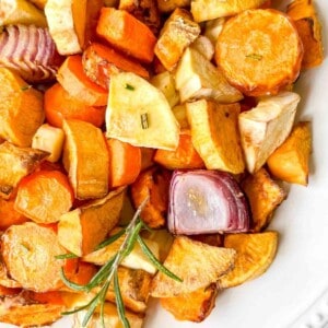 air fryer root vegetables on a white plate.