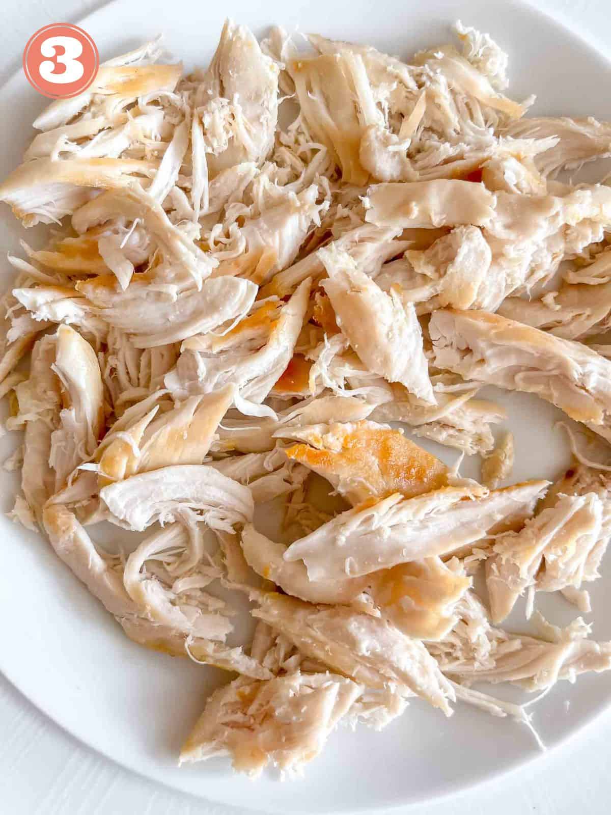 shredded chicken on a white plate labelled number three.