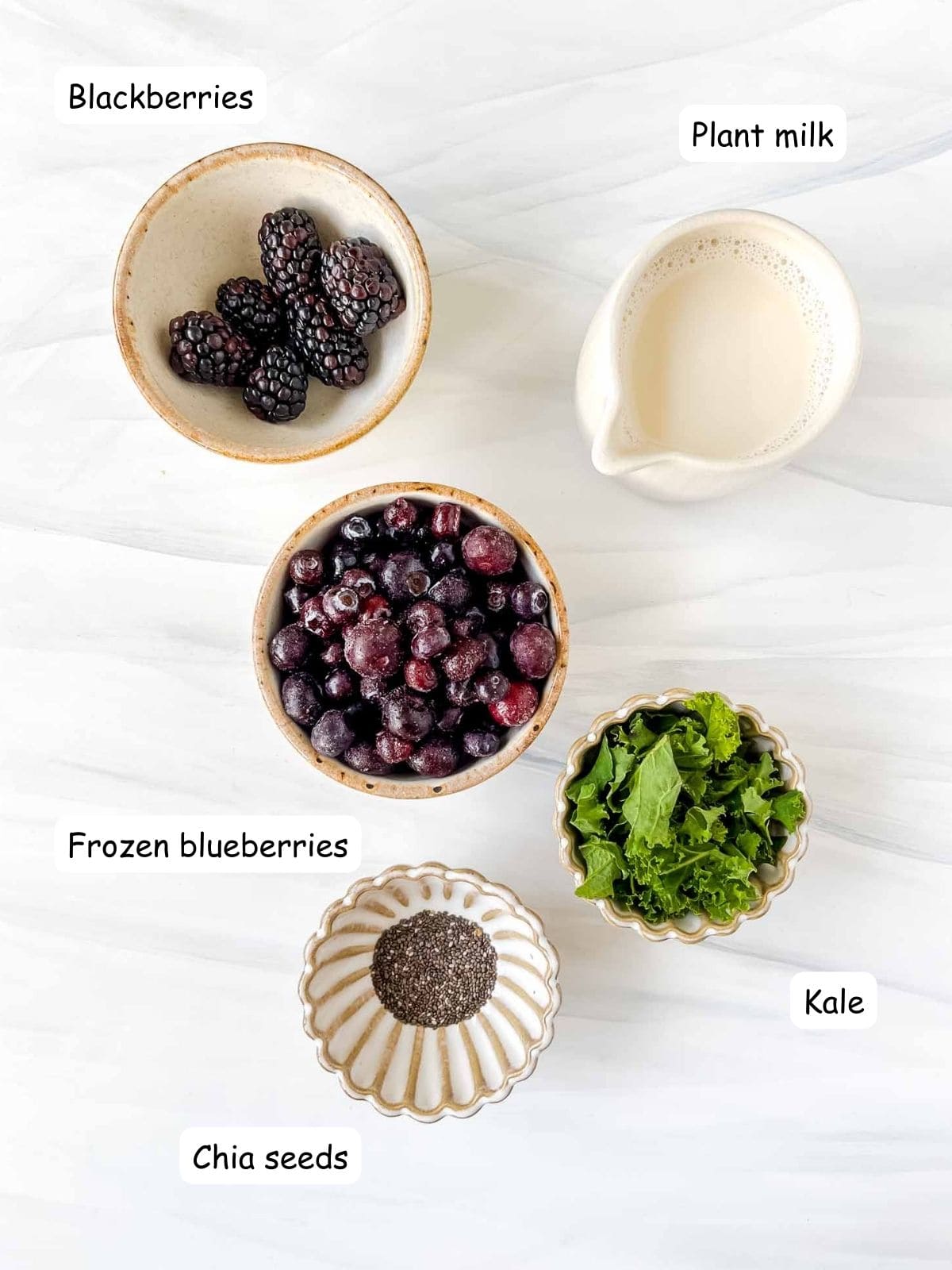 individually labelled ingredients in bowls including blackberries, frozen blueberries, kale and chia seeds and a jug of plant milk.