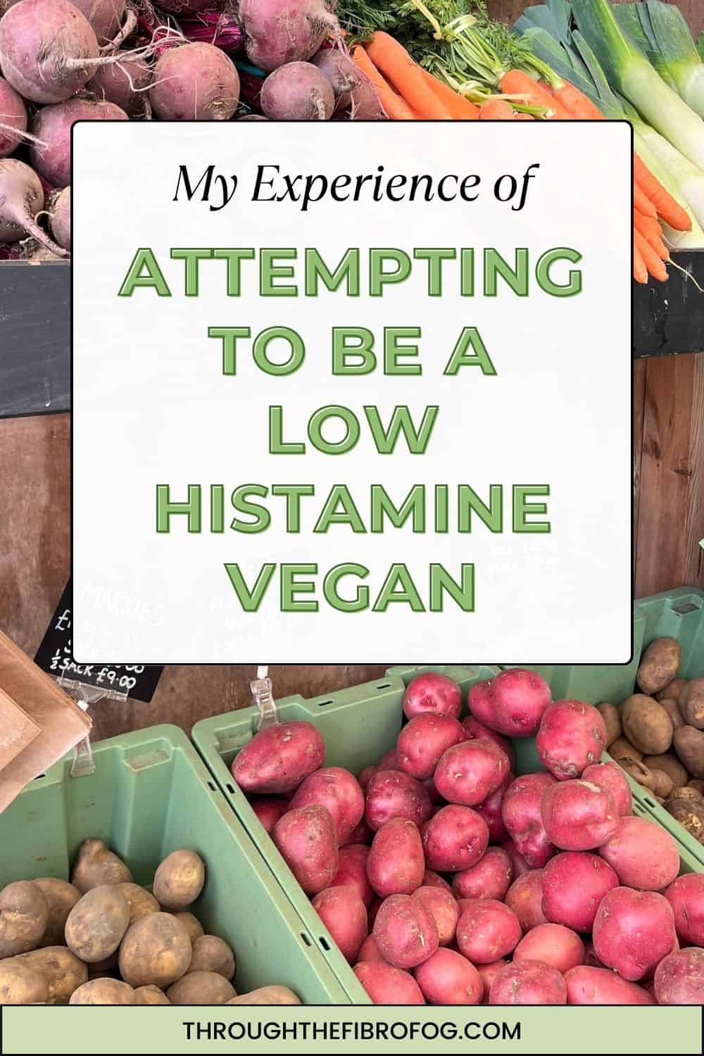 long pin depicting rows of vegetables with text, my experience of attempting to be a low histamine vegan, through the fibro fog dot com.