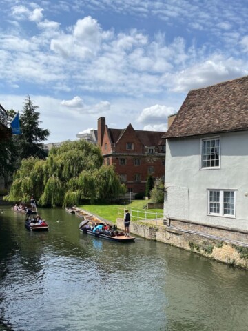 boats on a canal next to houses.