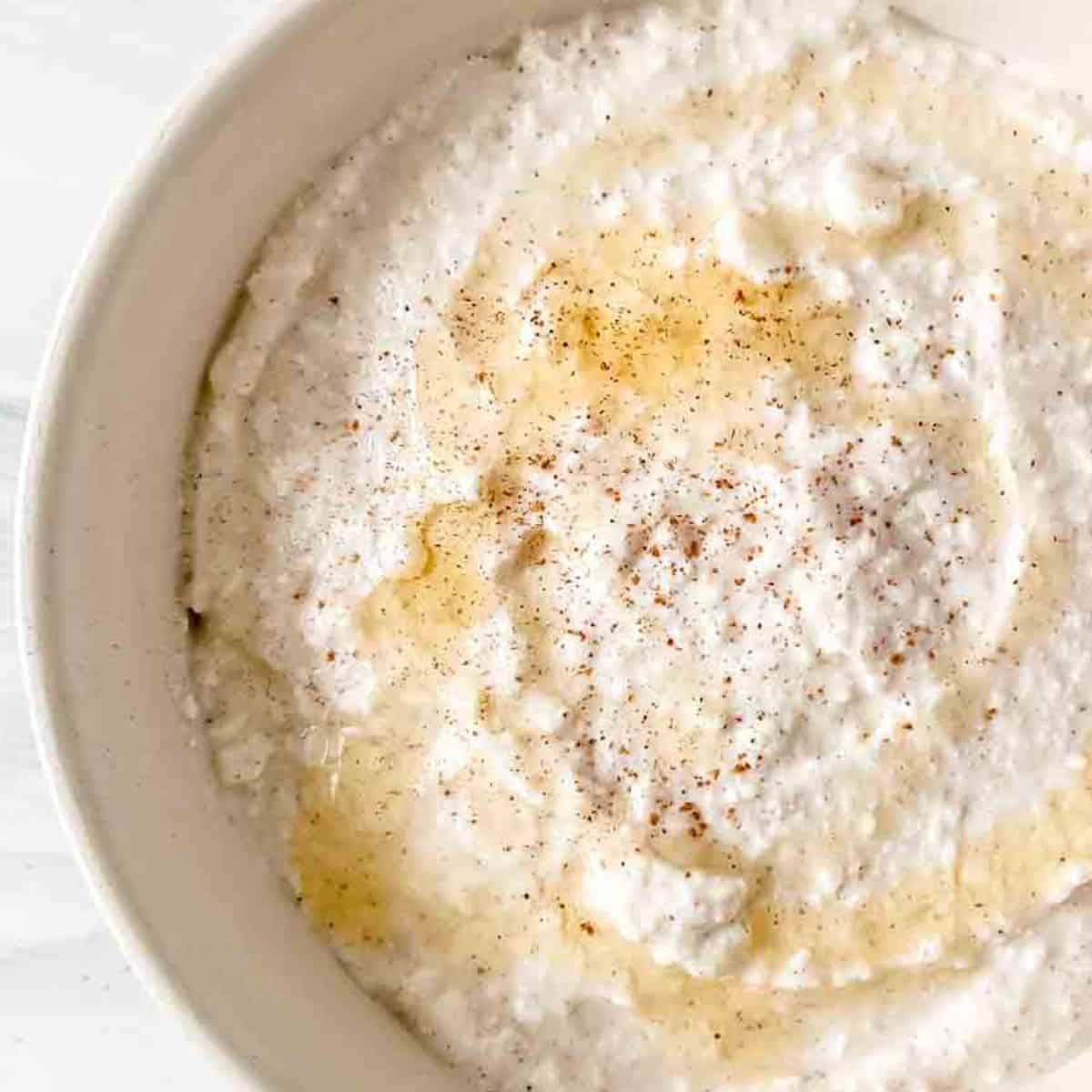 whipped cottage cheese in a cream bowl.