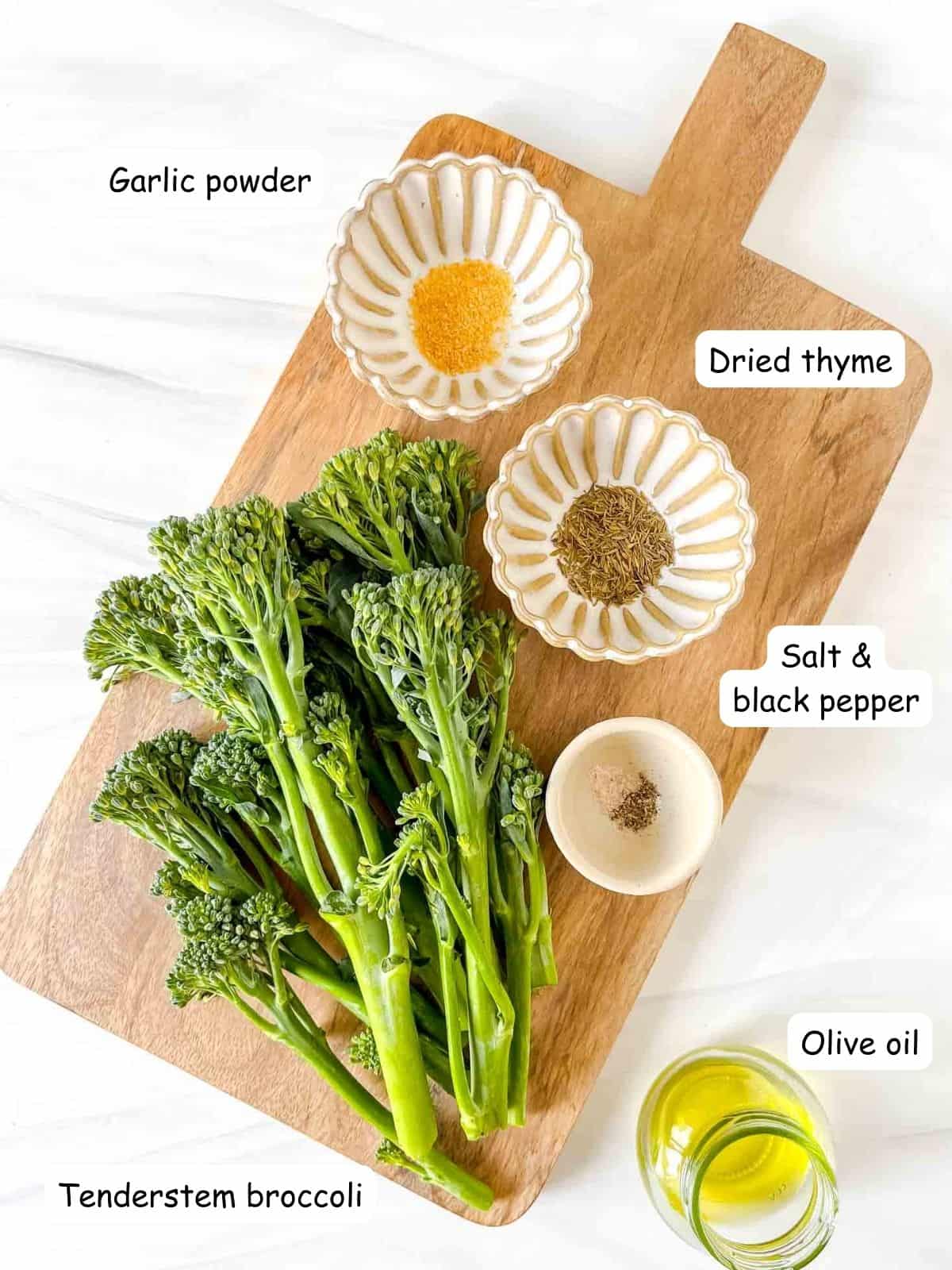 individually labelled Tenderstem broccoli, olive oil, garlic powder, dried thyme, salt and black pepper.