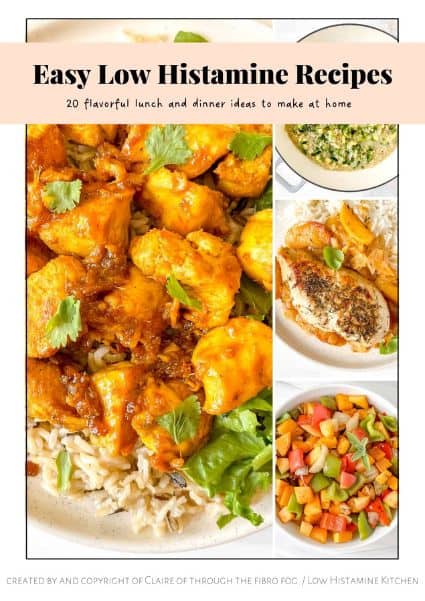 book cover of Easy Low Histamine Recipes with a collage of chicken and plant-based meals.