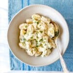 gnocchi with ricotta sauce in a light grey bowl with a spoon on a blue cloth.