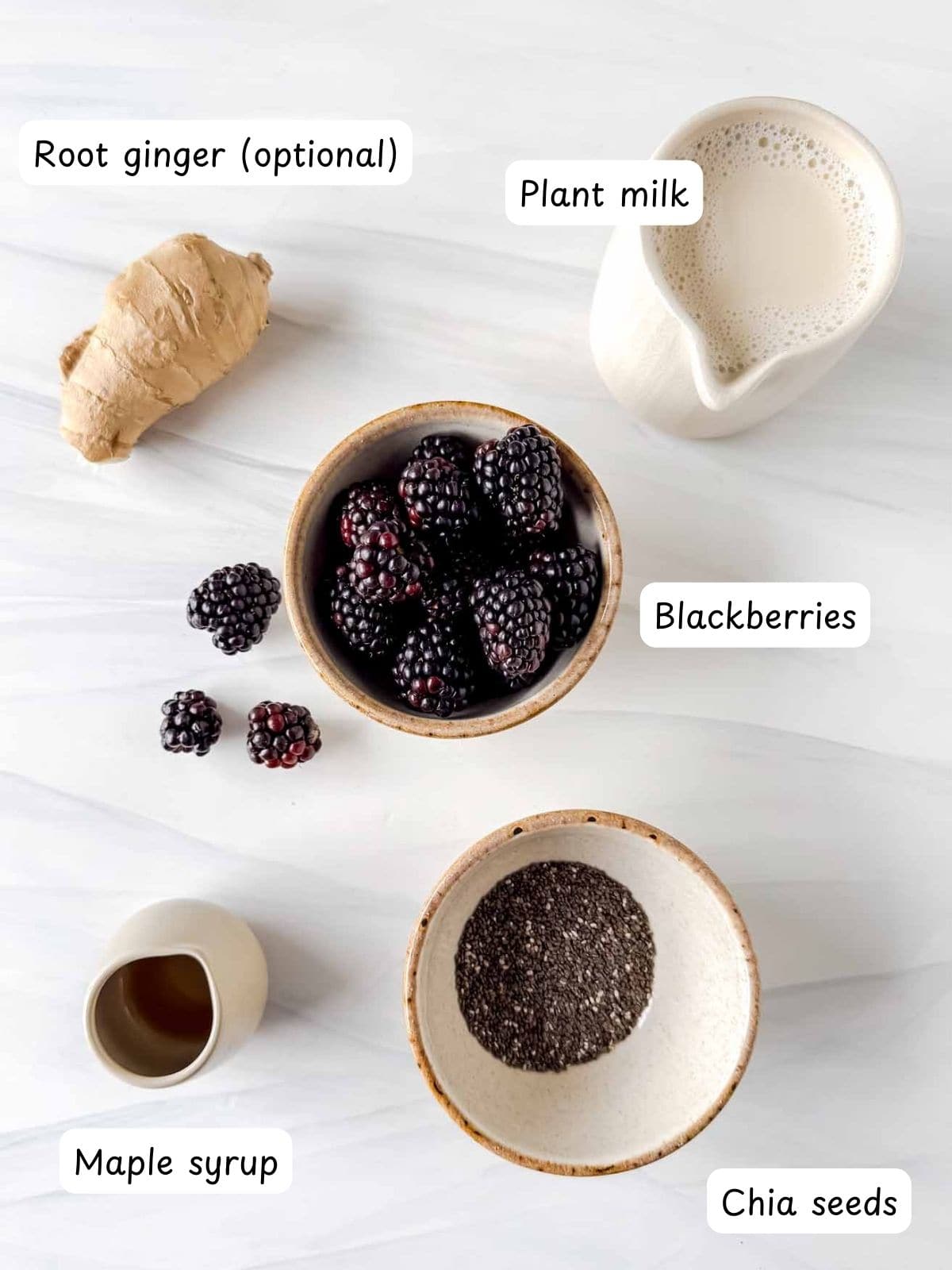 individually labelled root ginger, plant milk, blackberries, maple syrup and chia seeds.