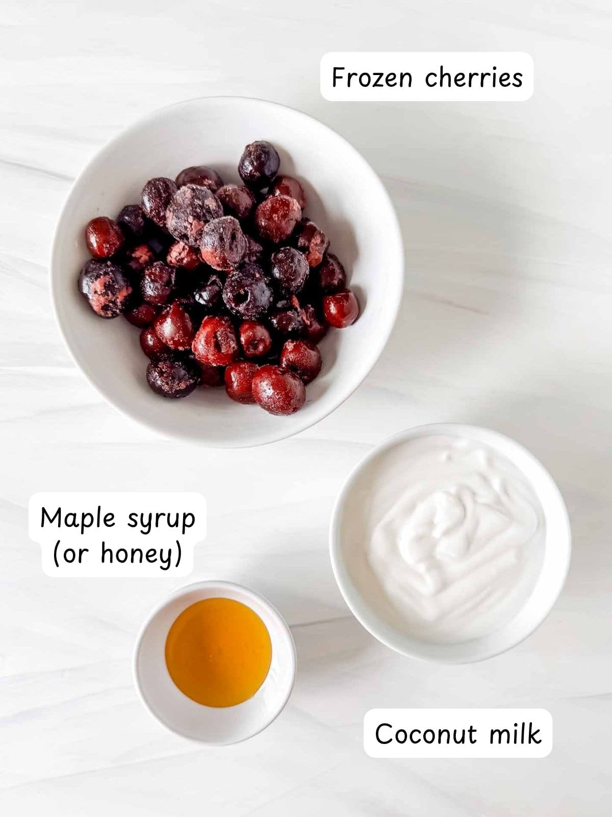individually labelled frozen cherries, coconut milk and maple syrup.