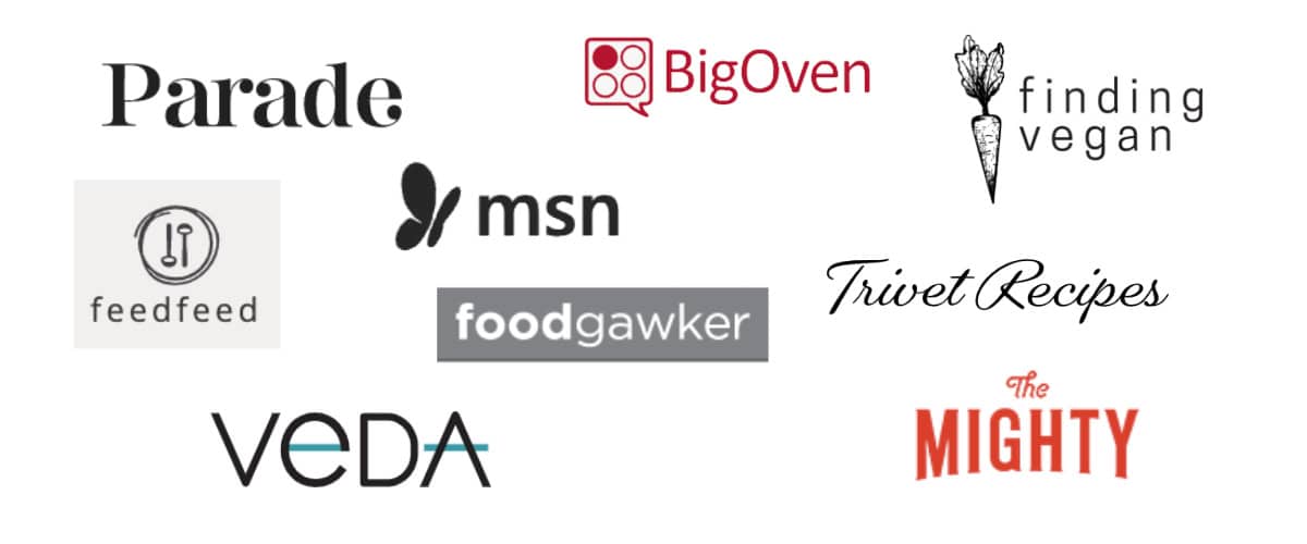 collage of featured in brands and organisations including parade, big oven, msn, feed feed, food gawker, trivet recipes and finding vegan.