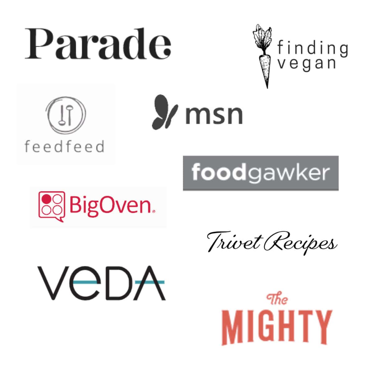 collage of featured in brand names including parade, finding vegan, feed feed, food gawker, msn, big oven and trivet recipes.