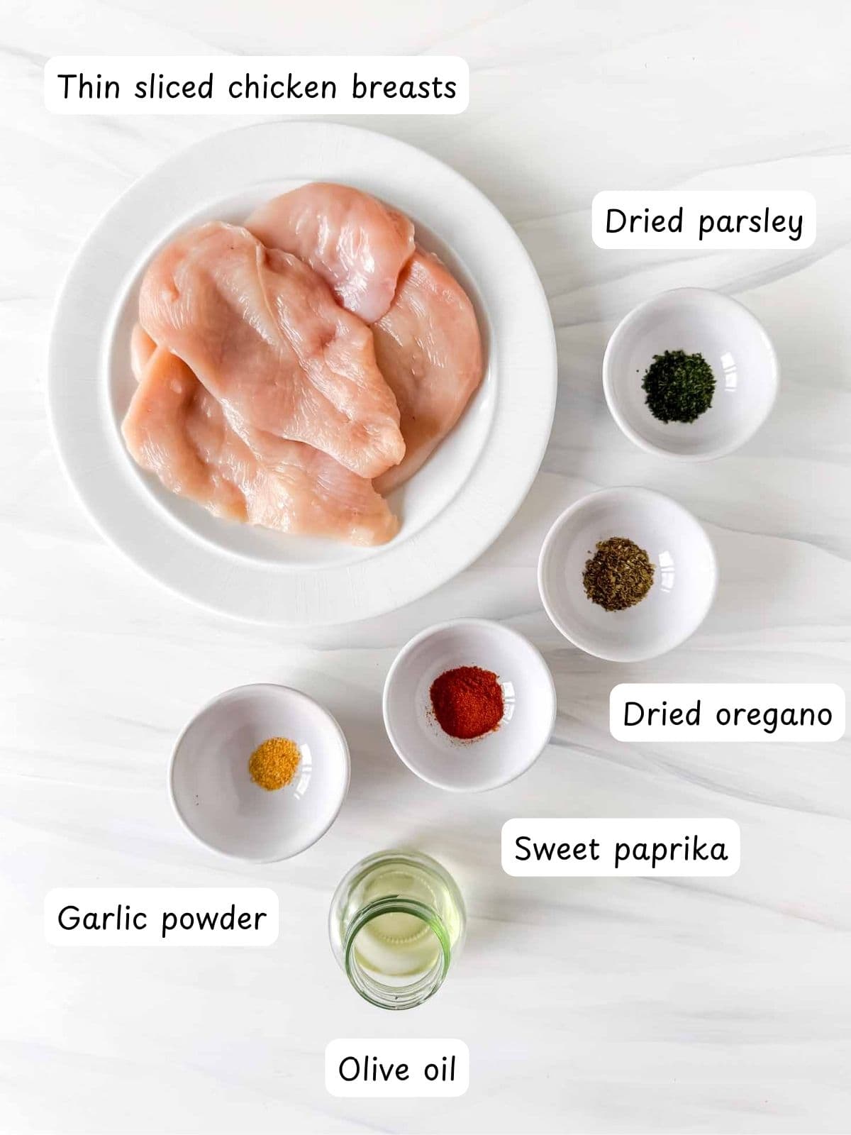 individually labelled thin sliced chicken breasts, olive oil, sweet paprika, dried oregano, dried parsley and garlic powder.