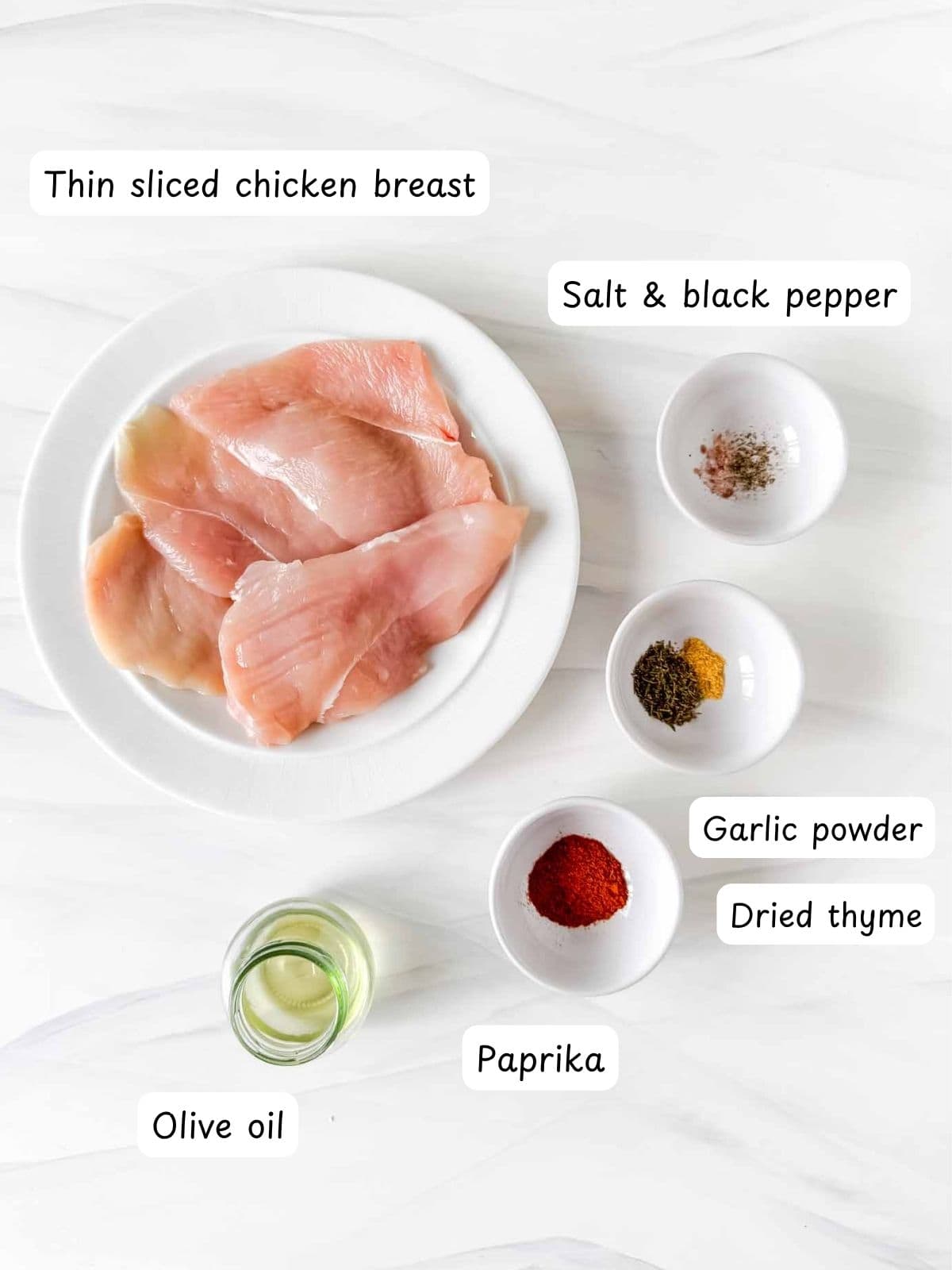 individually labelled thin sliced chicken breasts, olive oil, paprika, dried thyme, garlic powder, salt and black pepper.