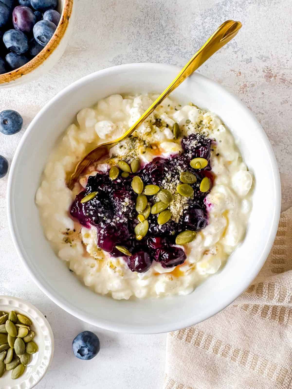 cottage cheese with blueberries in a bowl with a spoon.