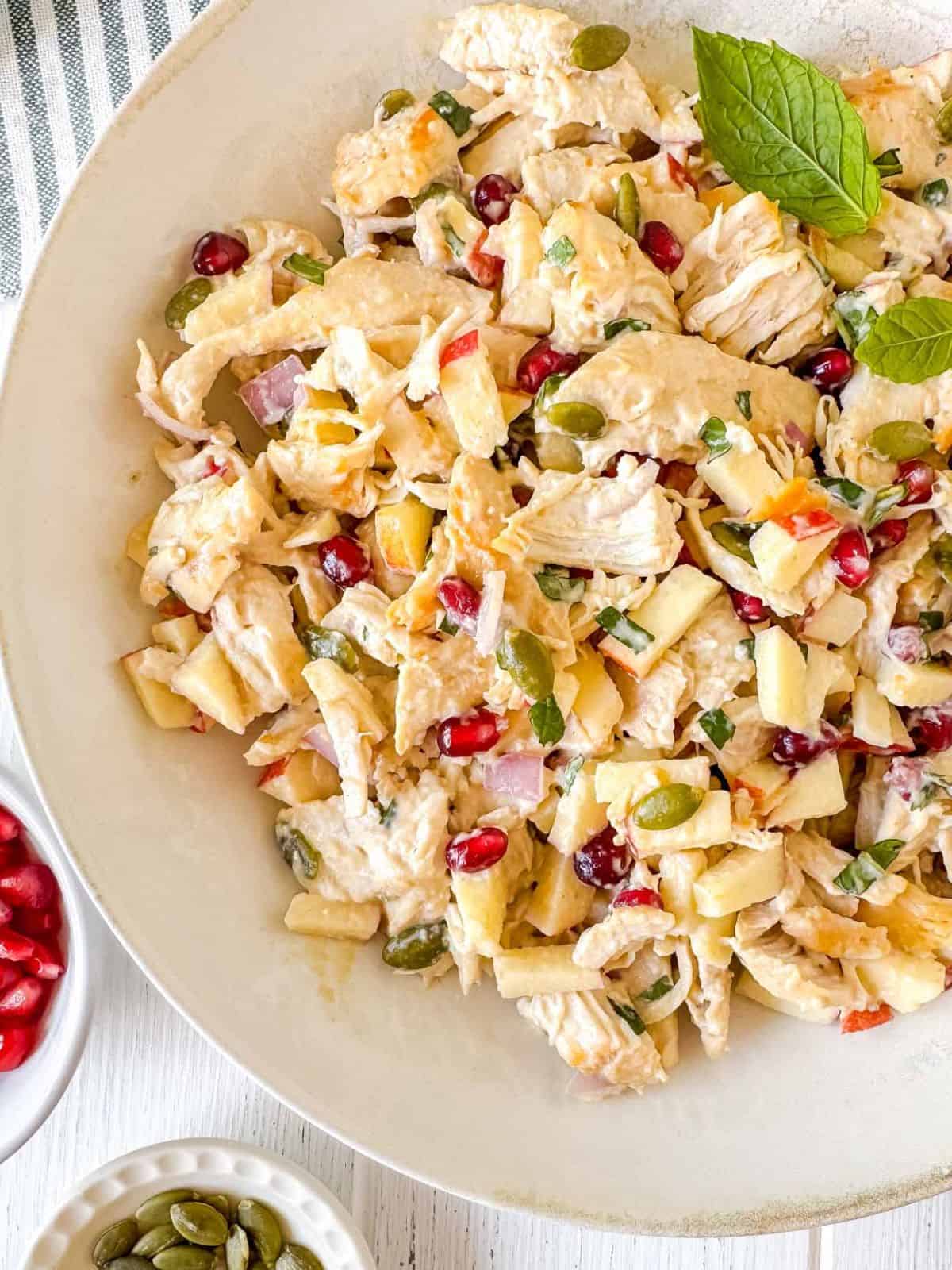 chicken pomegranate salad in a white bowl next to small bowls of pomegranate seeds and pumpkin seeds.
