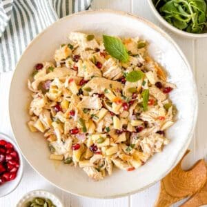 chicken and pomegranate salad in a white bowl next to small bowls of pomegranate seeds and pumpkin seeds.