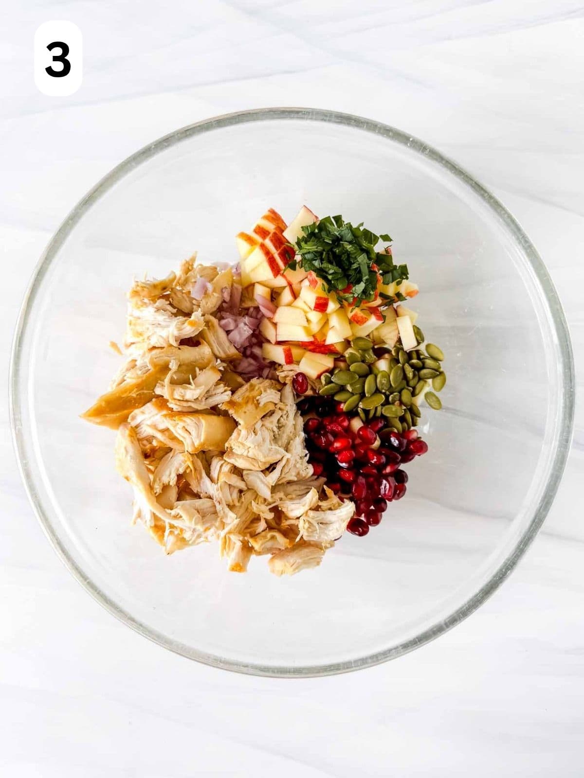 shredded chicken, pomegranate seeds, apple, mint and shallot in a glass bowl labelled number three.