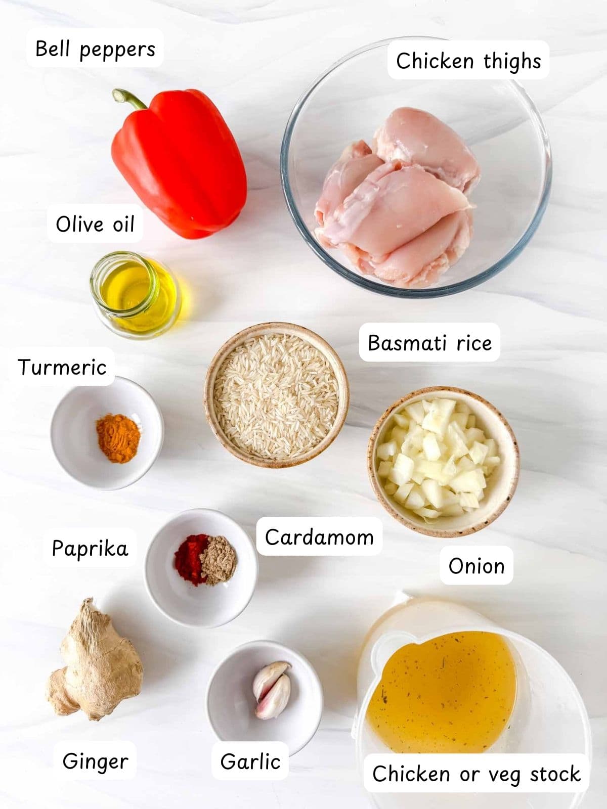 individually labelled chicken thighs, basmati rice, bell peppers, olive oil, turmeric, onion, paprika, cardamom, ginger, garlic and chicken stock.