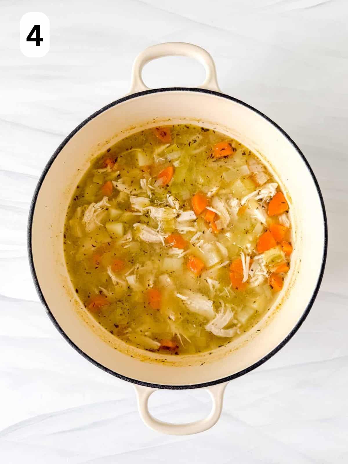 no noodle chicken soup in a white pot labelled number four.