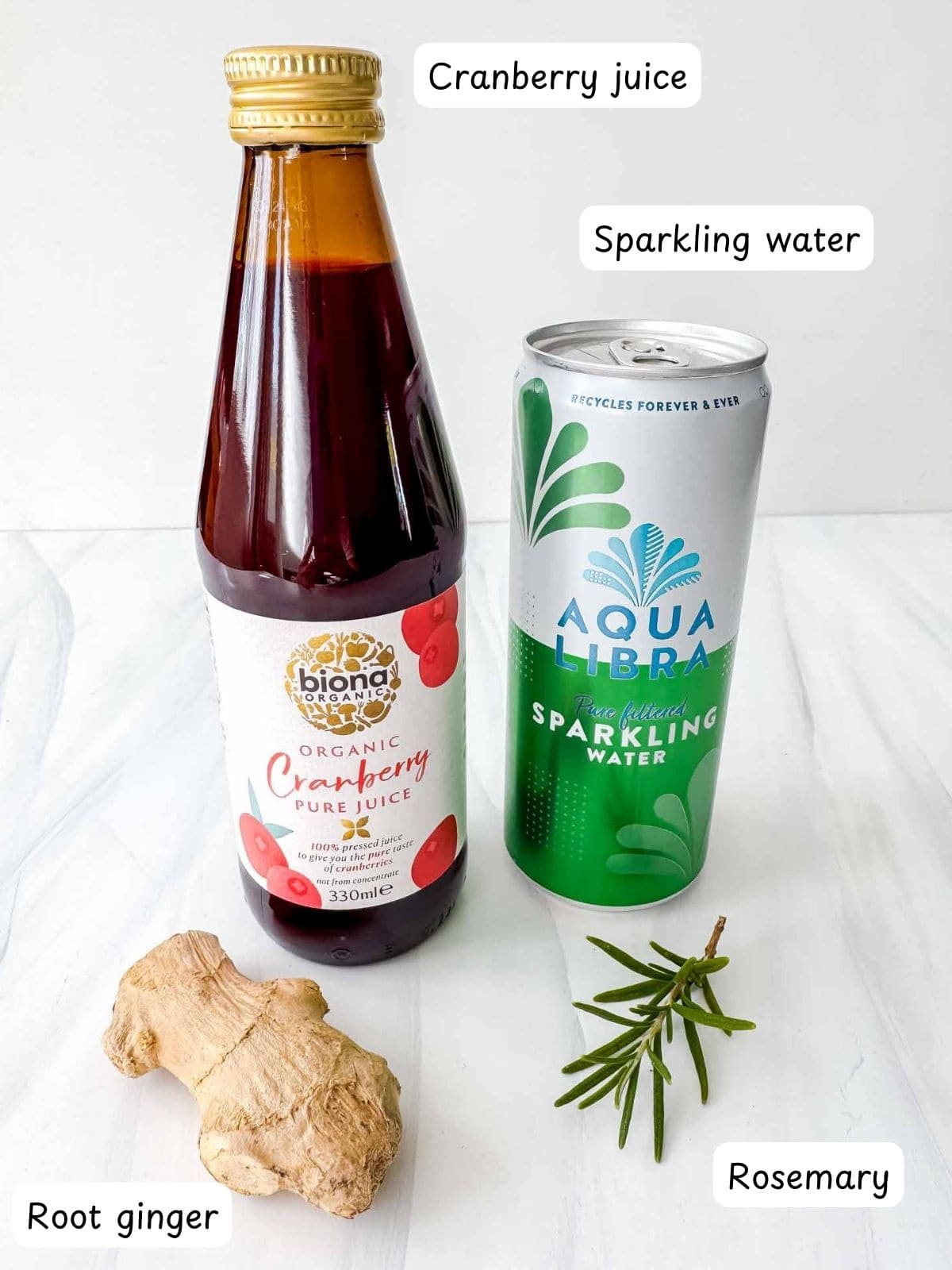 individually labelled cranberry juice, sparkling water, root ginger and rosemary.