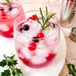 cranberry juice mocktails in two glasses next to a cocktail shaker.