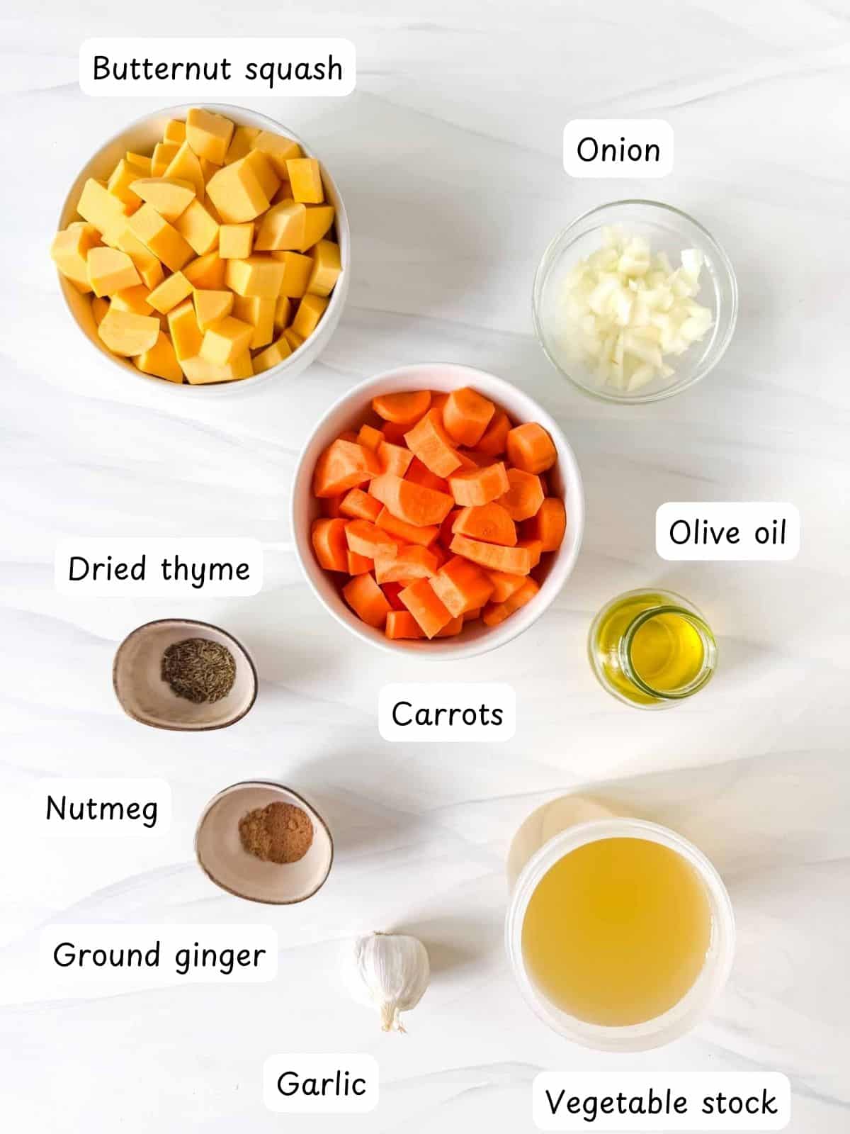individually labelled butternut squash, carrots, onion, olive oil, dried thyme, nutmeg, ground ginger, vegetable stock and garlic.