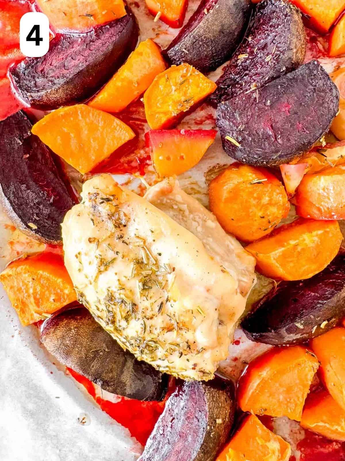cooked sheet pan chicken and sweet potatoes labelled number four.