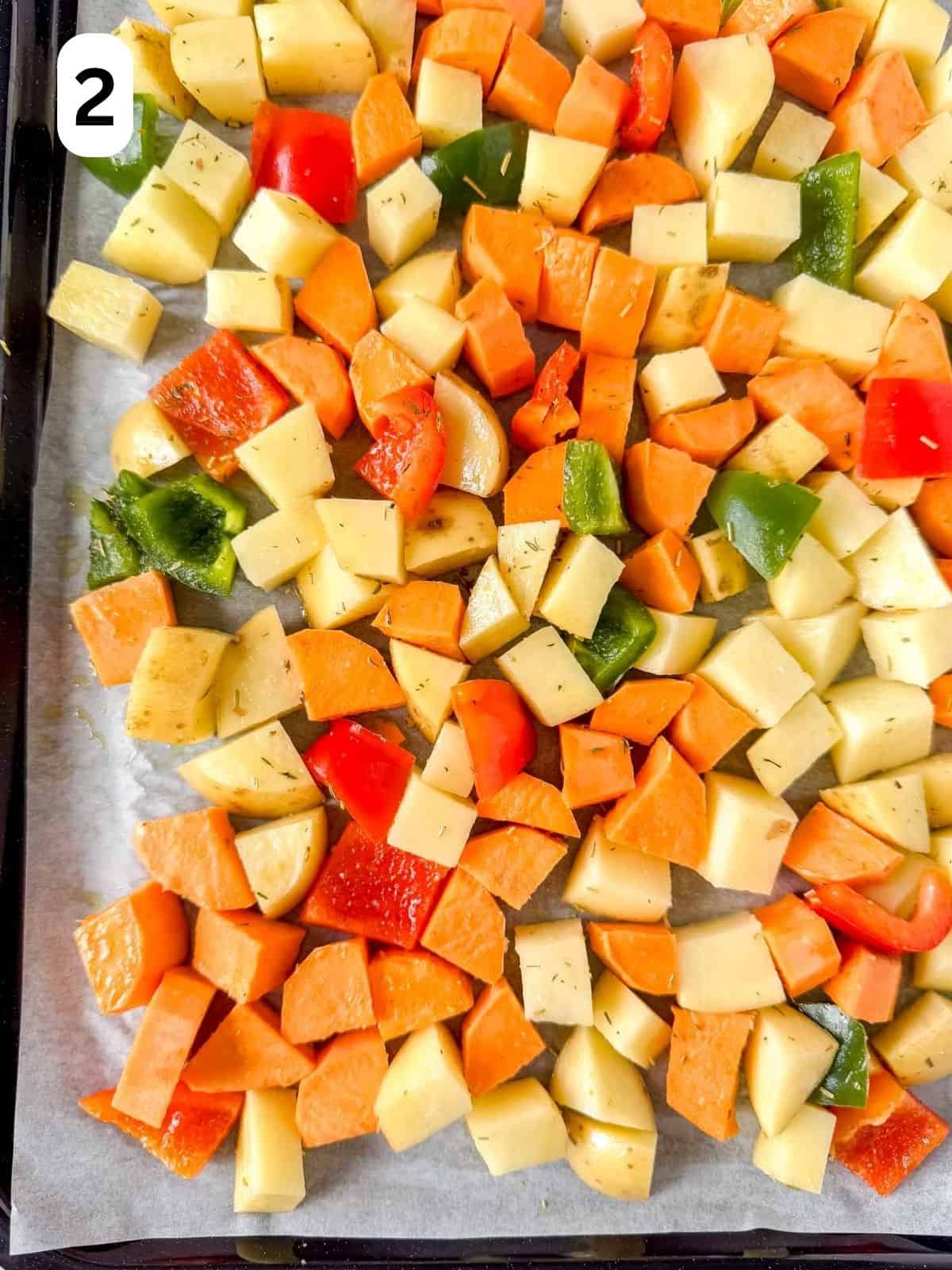 diced potatoes, sweet potatoes and bell peppers in a single layer on a sheet pan labelled number two.