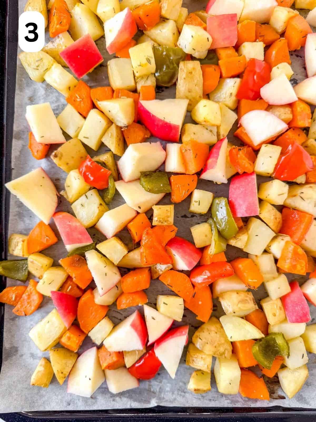 diced sweet potato, potato, bell peppers and apple on a sheet pan labelled number three.