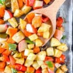 sweet potato and potato hash on a sheet pan.