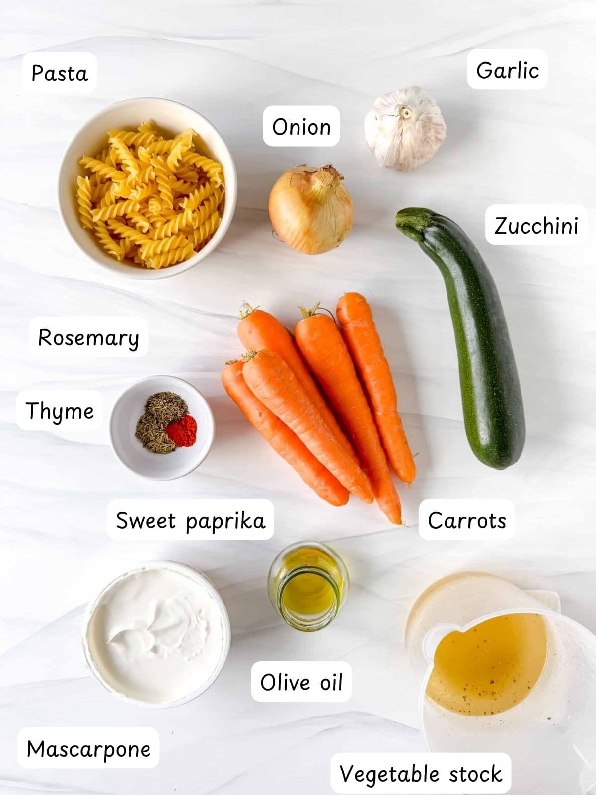 individually labelled carrots, zucchini, pasta, mascarpone, onion, garlic, vegetable stock, olive oil, rosemary, thyme and sweet paprika.