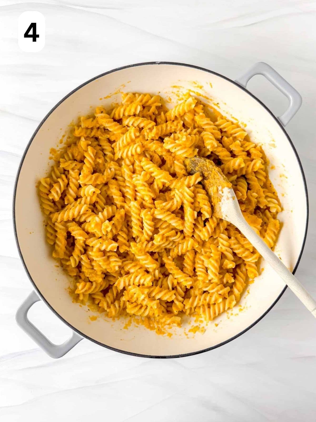 roasted carrot pasta in a skillet labelled number four.