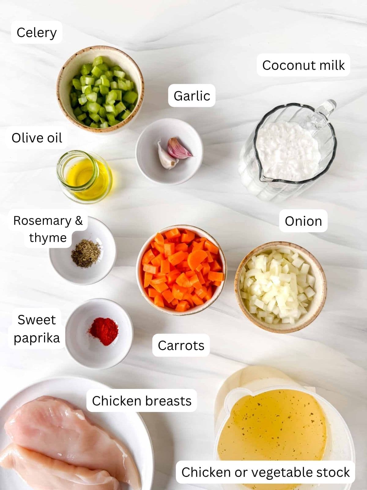 individually labelled chicken breasts, coconut milk, celery, carrots, garlic, olive oil, onion, sweet paprika, rosemary, thyme and chicken stock.