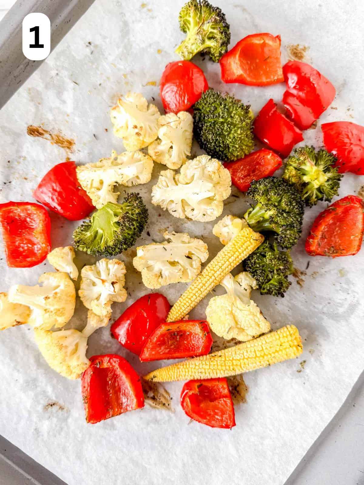 roasted vegetables on a baking sheet lined with parchment paper labelled number one.