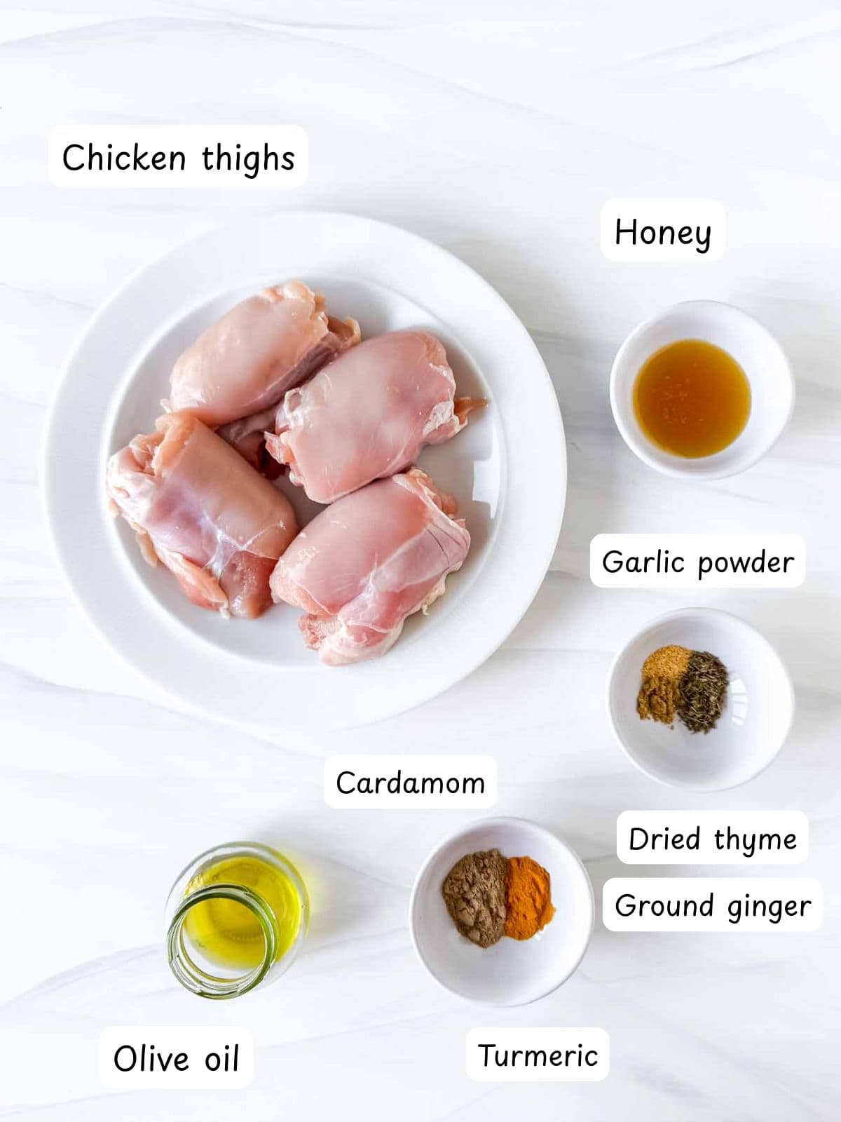 individually labelled chicken thighs, cardamom, turmeric, olive oil, honey, garlic powder, dried thyme and ground ginger.