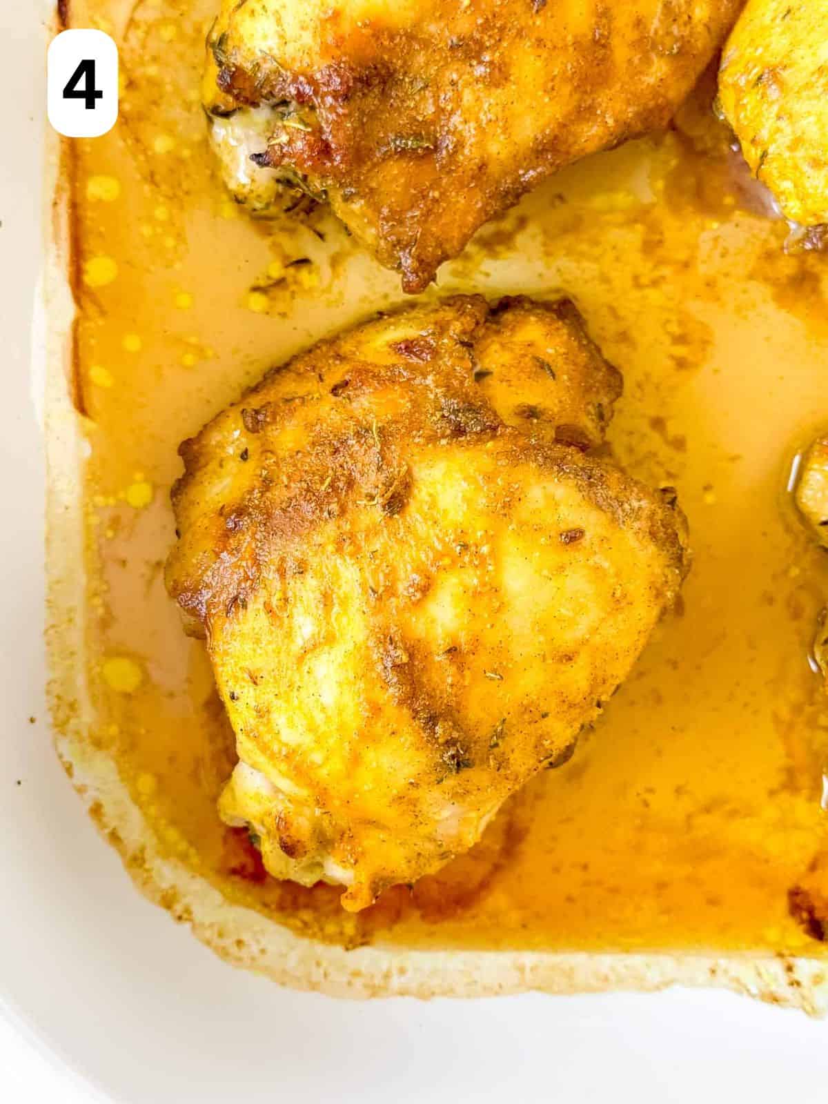 baked cardamom chicken thighs in an ovenproof dish labelled number four.