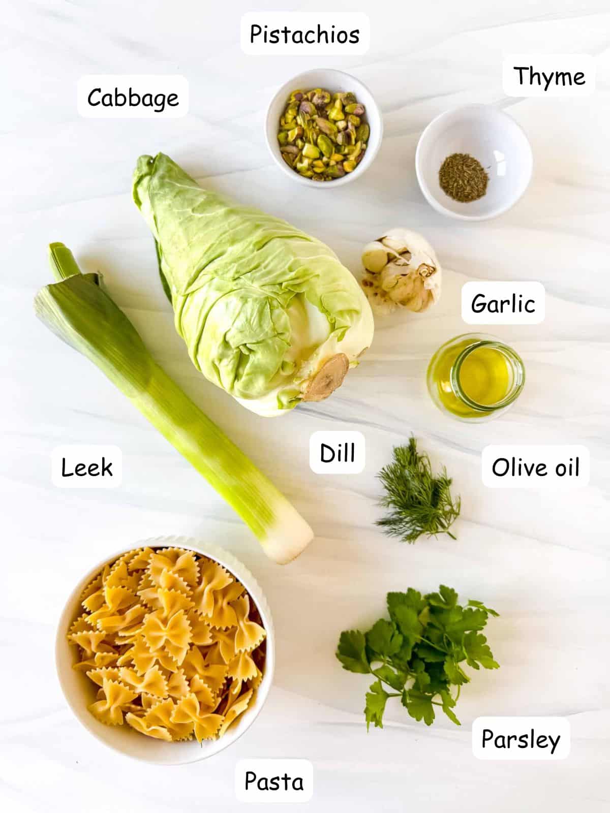 individually labelled cabbage, pasta, leek, parsley, dill, olive oil, garlic, thyme and pistachios.