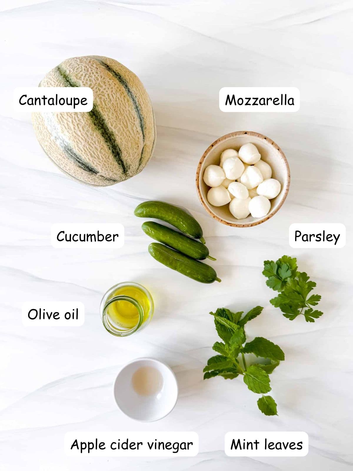 individually labelled cantaloupe, mozzarella, cucumber, mint leaves, parsley, olive oil and apple cider vinegar.