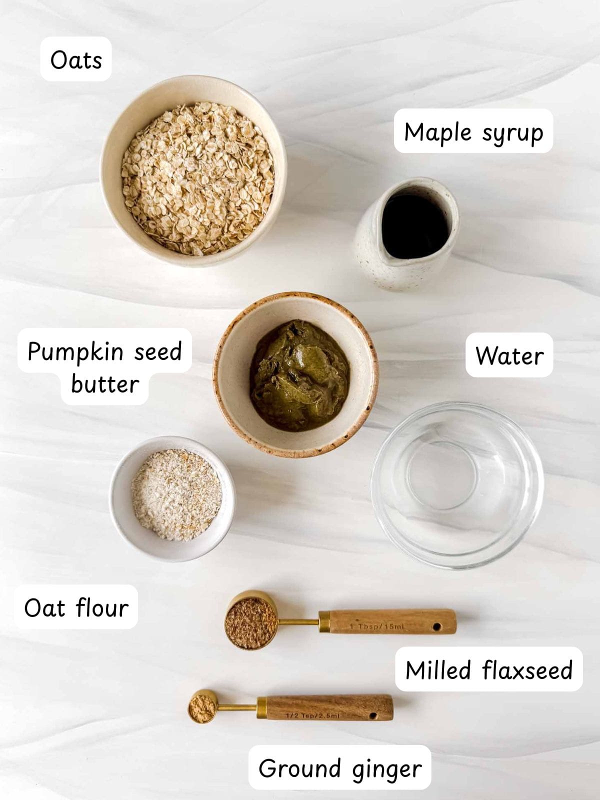 individually labelled oats, pumpkin seed butter, maple syrup, water, oat flour, milled flaxseed and ground ginger.