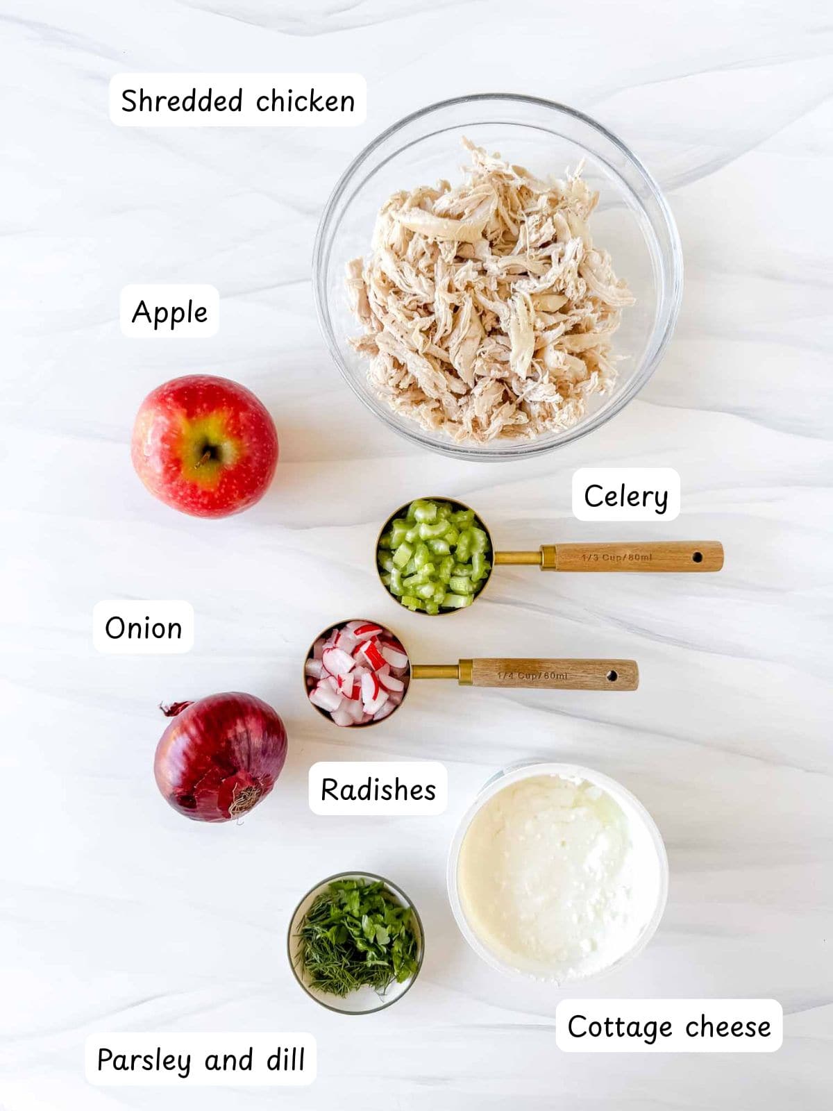 individually labelled cottage cheese, shredded chicken, apple, onion, celery, radishes, parsley and dill.