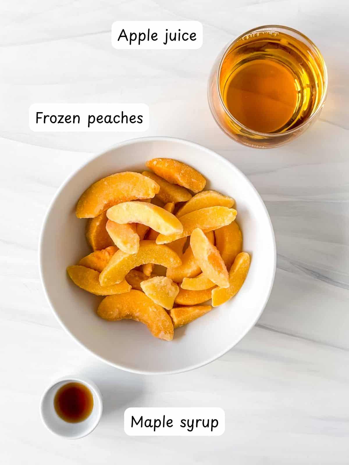 individually labelled frozen peaches, apple juice and maple syrup.
