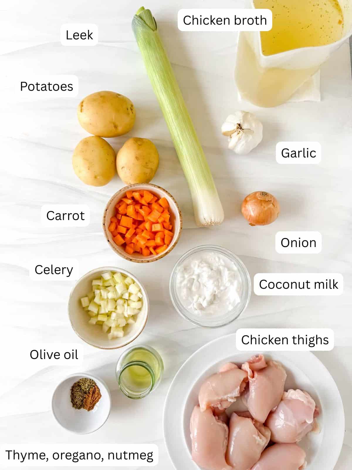 individually labelled chicken thighs, leek, potatoes, carrot, celery, onion, garlic, olive oil, coconut milk, thyme, oregano and nutmeg.